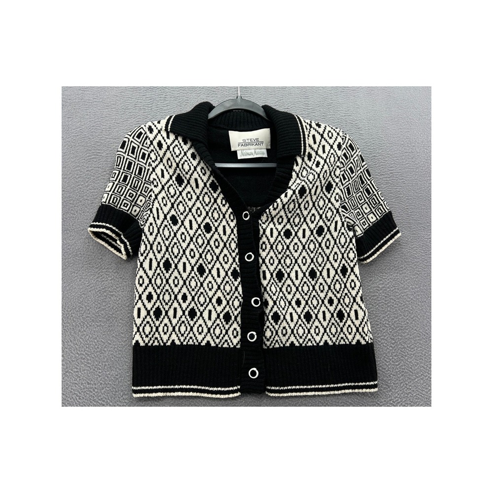 Steve Fabrikant Neiman Marcus Sweater Black White Geometric Wool Short Sleeve